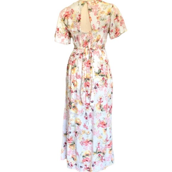 Angie Floral Walk-Through Romper/Maxi Dress Smocked Cutout Back M #60F - Picture 5 of 8